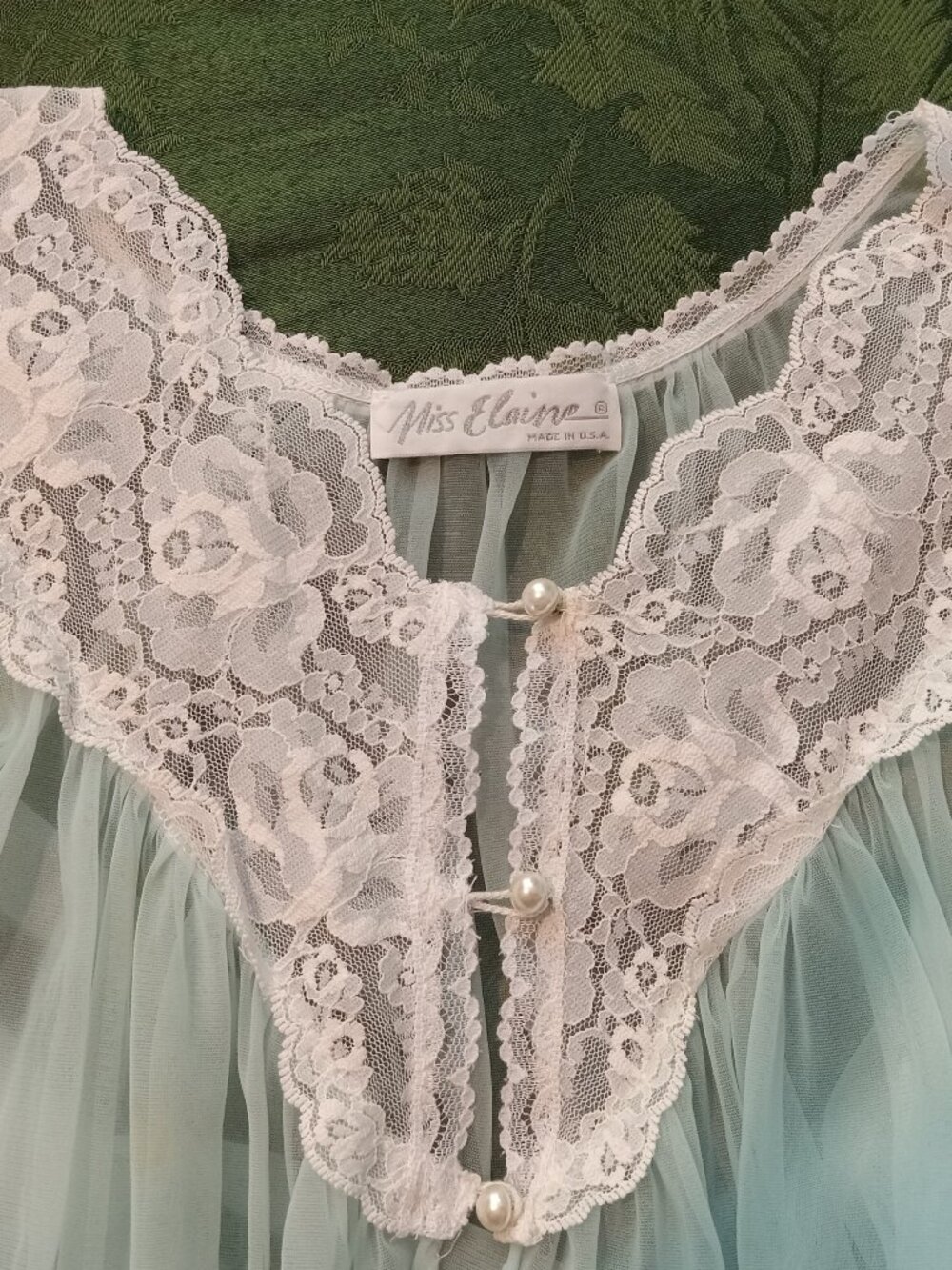 Pristine Vintage Miss Elaine 2-Pc. Seafoam Lace-Trimmed Peignoir Set - Picture 2 of 8